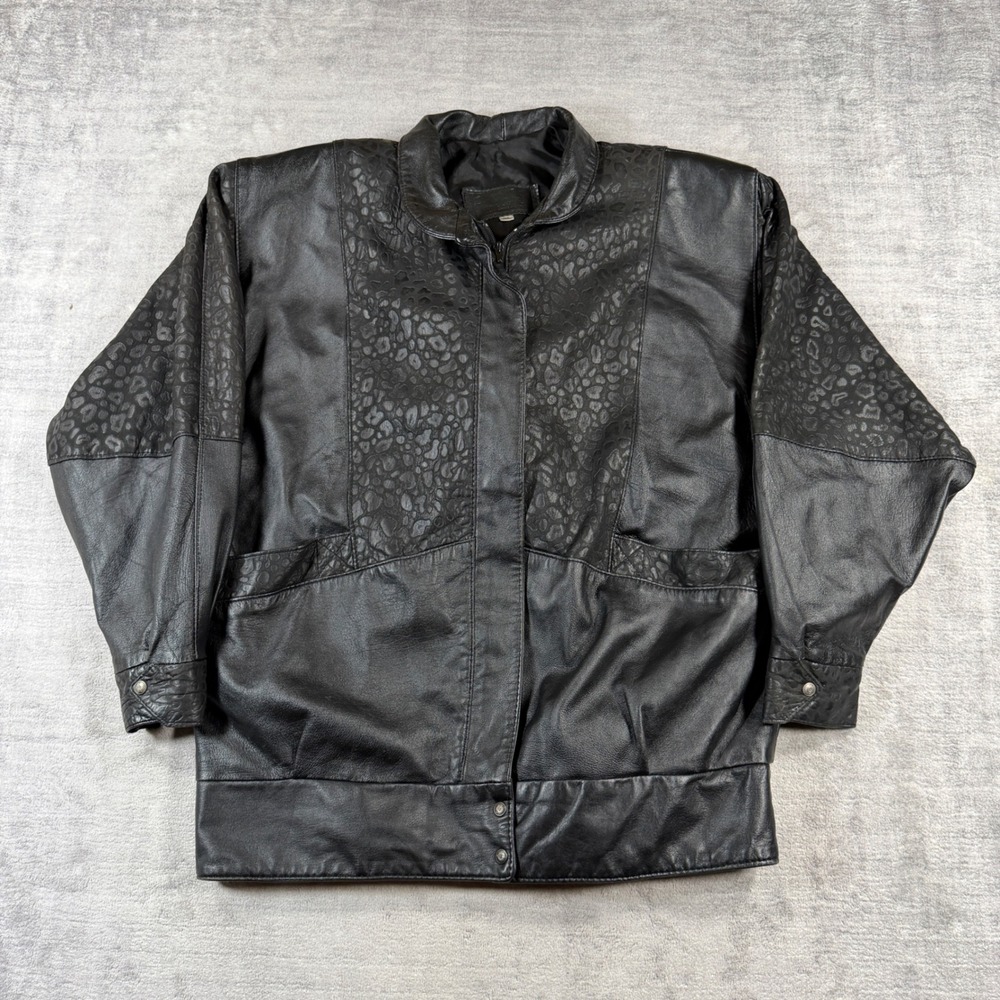 Oscar Leopold Jacket Womens Large Black Vintage Leather Leopard Embossed Moto